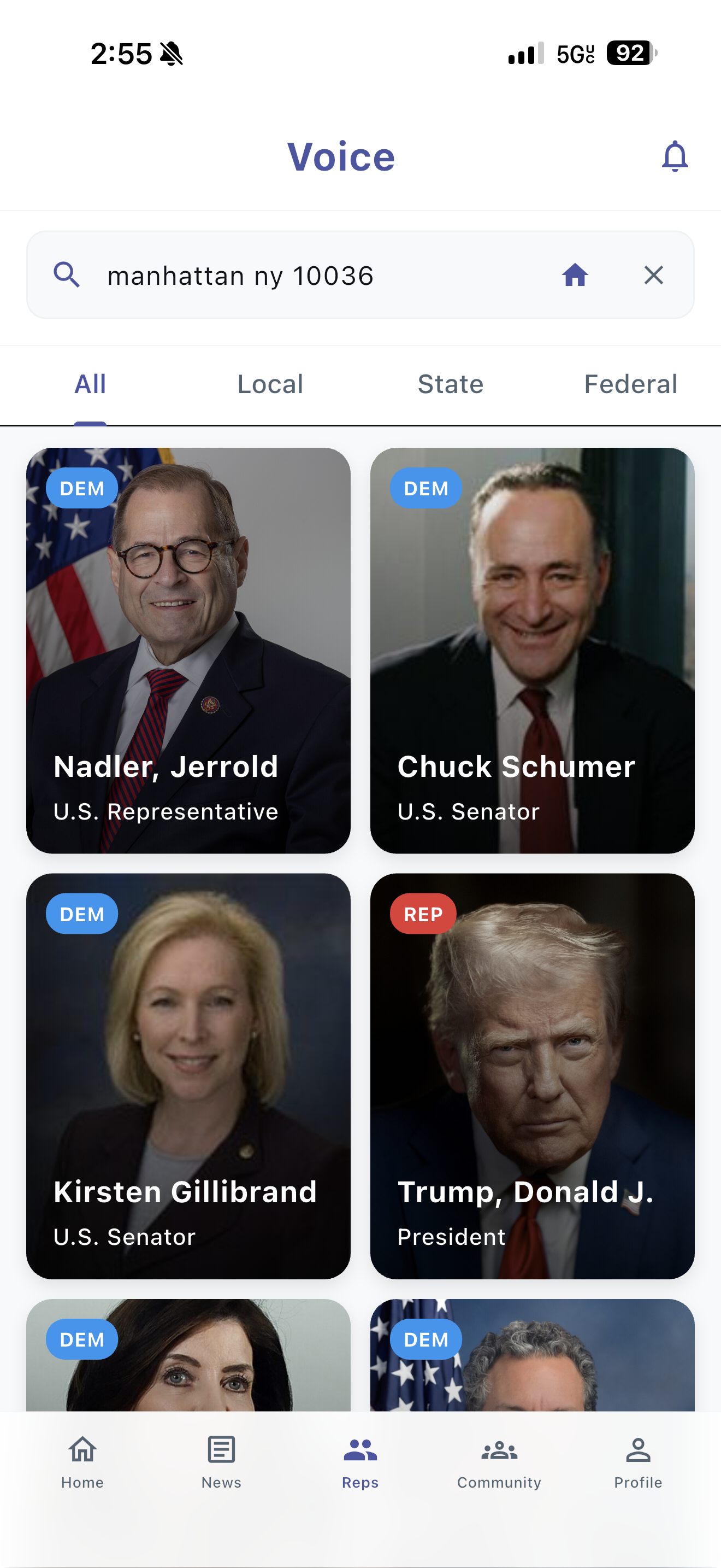 Voice app showing your New York representatives: Espaillat, Schumer, Gillibrand, and more.